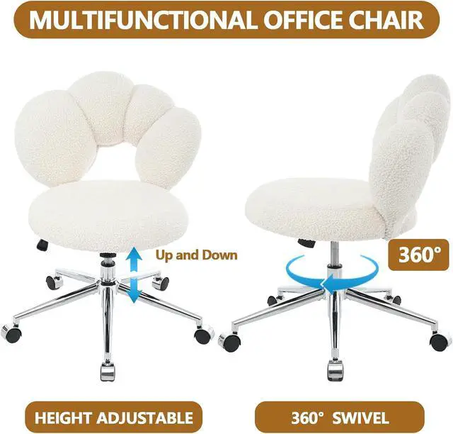 Alt view image 3 of 7 - White Cute Vanity Chairs with Backs & Wheels, Swivel Rolling Makeup Vanity Chair with Adjustable Height, Sherpa Desk Chair for Living Room Bedroom Makeup Room Office, Boucle (White)