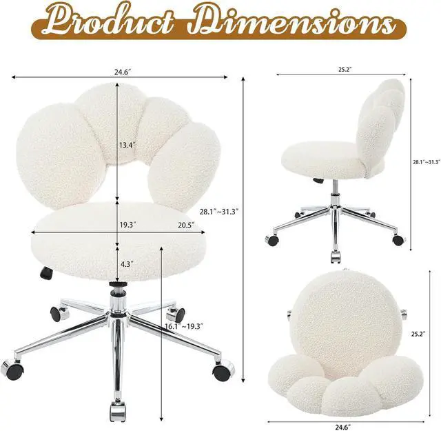 Alt view image 2 of 7 - White Cute Vanity Chairs with Backs & Wheels, Swivel Rolling Makeup Vanity Chair with Adjustable Height, Sherpa Desk Chair for Living Room Bedroom Makeup Room Office, Boucle (White)