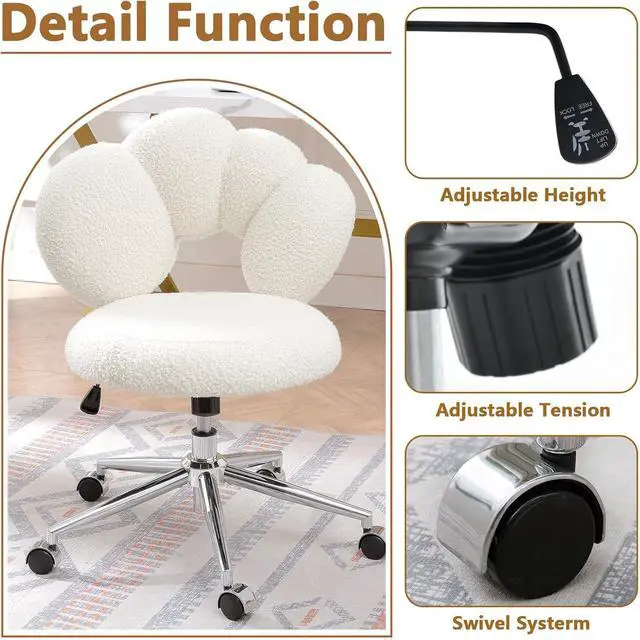 Alt view image 4 of 7 - White Cute Vanity Chairs with Backs & Wheels, Swivel Rolling Makeup Vanity Chair with Adjustable Height, Sherpa Desk Chair for Living Room Bedroom Makeup Room Office, Boucle (White)
