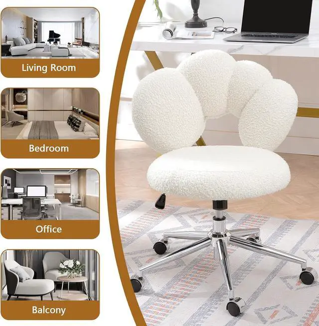 Alt view image 7 of 7 - White Cute Vanity Chairs with Backs & Wheels, Swivel Rolling Makeup Vanity Chair with Adjustable Height, Sherpa Desk Chair for Living Room Bedroom Makeup Room Office, Boucle (White)