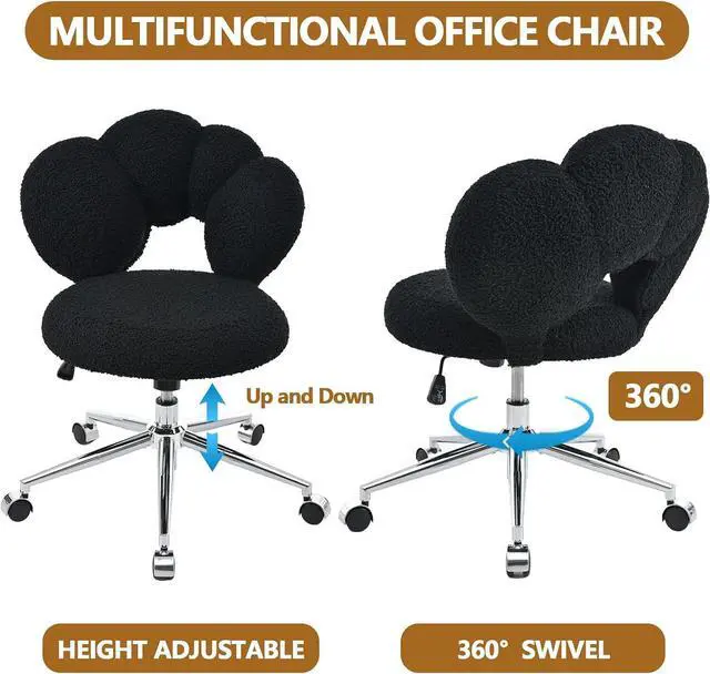 Alt view image 3 of 7 - Black Cute Vanity Chairs with Backs & Wheels, Swivel Rolling Makeup Vanity Chair with Adjustable Height, Sherpa Desk Chair for Living Room Bedroom Makeup Room Office, Boucle (Black-1)