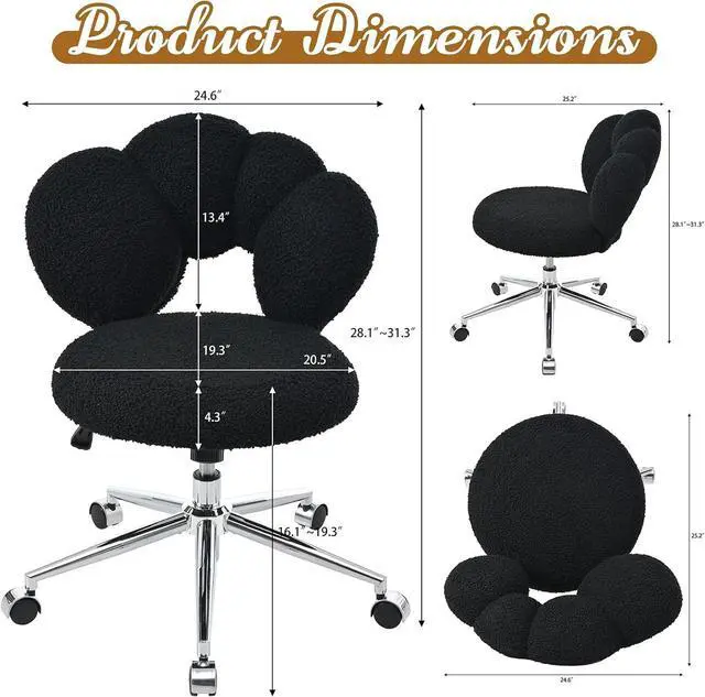 Alt view image 2 of 7 - Black Cute Vanity Chairs with Backs & Wheels, Swivel Rolling Makeup Vanity Chair with Adjustable Height, Sherpa Desk Chair for Living Room Bedroom Makeup Room Office, Boucle (Black-1)