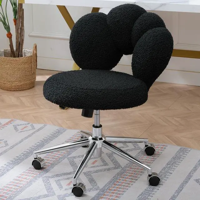 Main image of Black Cute Vanity Chairs with Backs & Wheels, Swivel Rolling Makeup Vanity Chair with Adjustable Height, Sherpa Desk Chair for Living Room Bedroom Makeup Room Office, Boucle (Black-1)