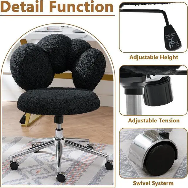 Alt view image 4 of 7 - Black Cute Vanity Chairs with Backs & Wheels, Swivel Rolling Makeup Vanity Chair with Adjustable Height, Sherpa Desk Chair for Living Room Bedroom Makeup Room Office, Boucle (Black-1)