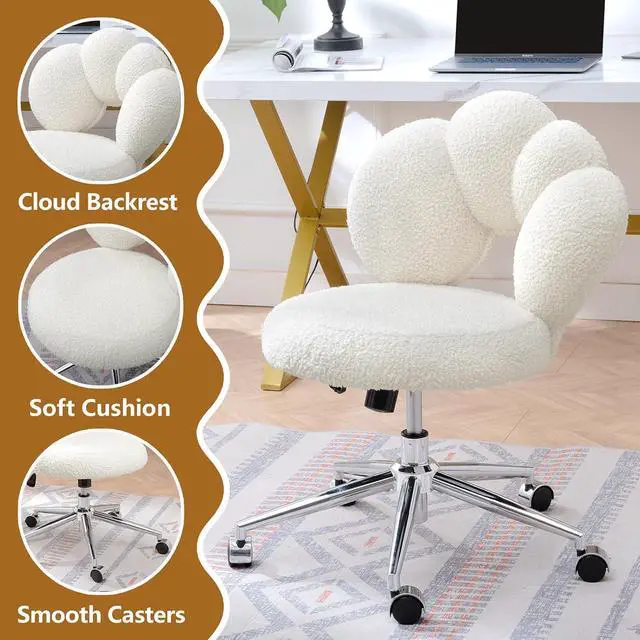 Alt view image 5 of 7 - White Cute Vanity Chairs with Backs & Wheels, Swivel Rolling Makeup Vanity Chair with Adjustable Height, Sherpa Desk Chair for Living Room Bedroom Makeup Room Office, Boucle (White)