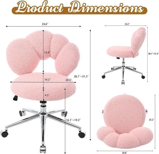Alt view image 2 of 7 - Pink Cute Vanity Chairs with Backs & Wheels, Swivel Rolling Makeup Vanity Chair with Adjustable Height, Sherpa Desk Chair for Living Room Bedroom Makeup Room Office, Boucle (Pink)