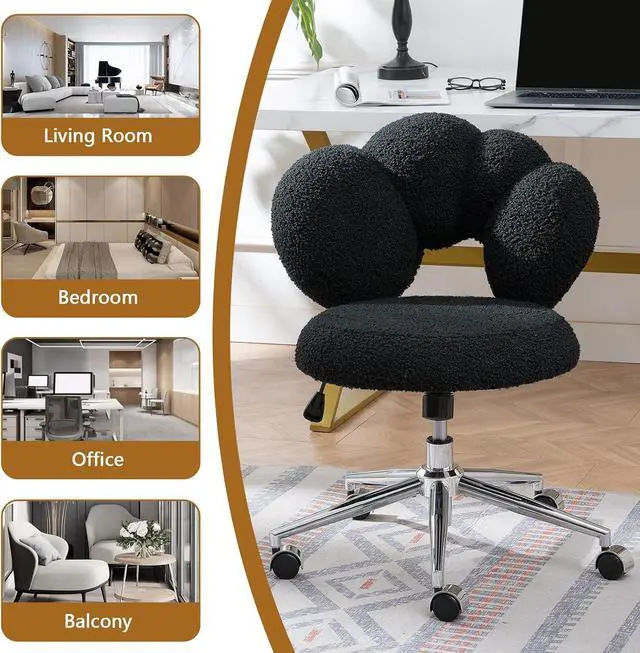 Alt view image 7 of 7 - Black Cute Vanity Chairs with Backs & Wheels, Swivel Rolling Makeup Vanity Chair with Adjustable Height, Sherpa Desk Chair for Living Room Bedroom Makeup Room Office, Boucle (Black-1)