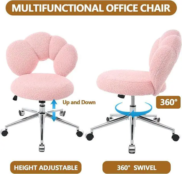 Alt view image 3 of 7 - Pink Cute Vanity Chairs with Backs & Wheels, Swivel Rolling Makeup Vanity Chair with Adjustable Height, Sherpa Desk Chair for Living Room Bedroom Makeup Room Office, Boucle (Pink)