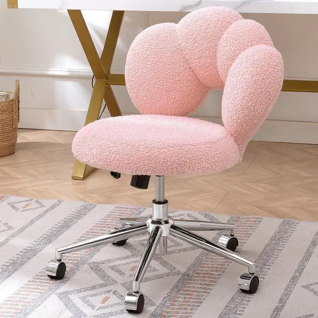 Main image of Pink Cute Vanity Chairs with Backs & Wheels, Swivel Rolling Makeup Vanity Chair with Adjustable Height, Sherpa Desk Chair for Living Room Bedroom Makeup Room Office, Boucle (Pink)