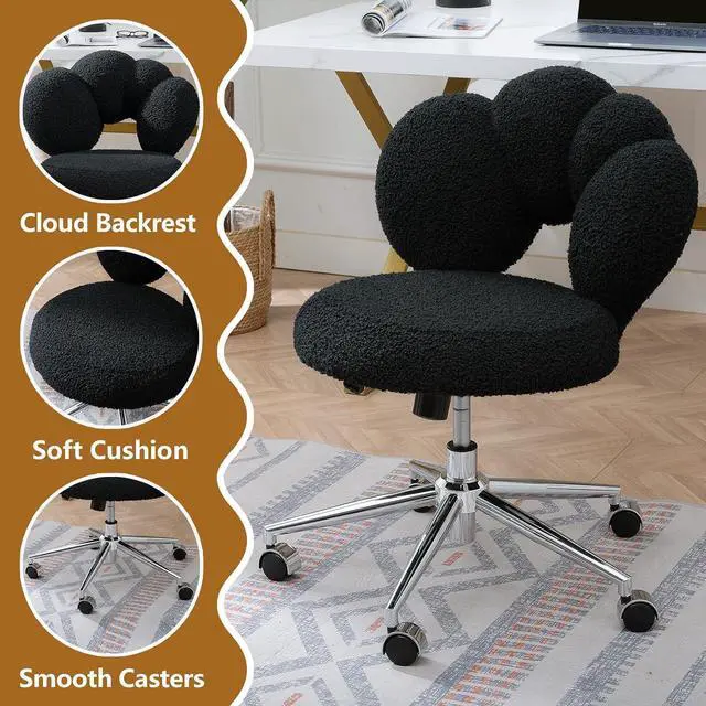 Alt view image 5 of 7 - Black Cute Vanity Chairs with Backs & Wheels, Swivel Rolling Makeup Vanity Chair with Adjustable Height, Sherpa Desk Chair for Living Room Bedroom Makeup Room Office, Boucle (Black-1)