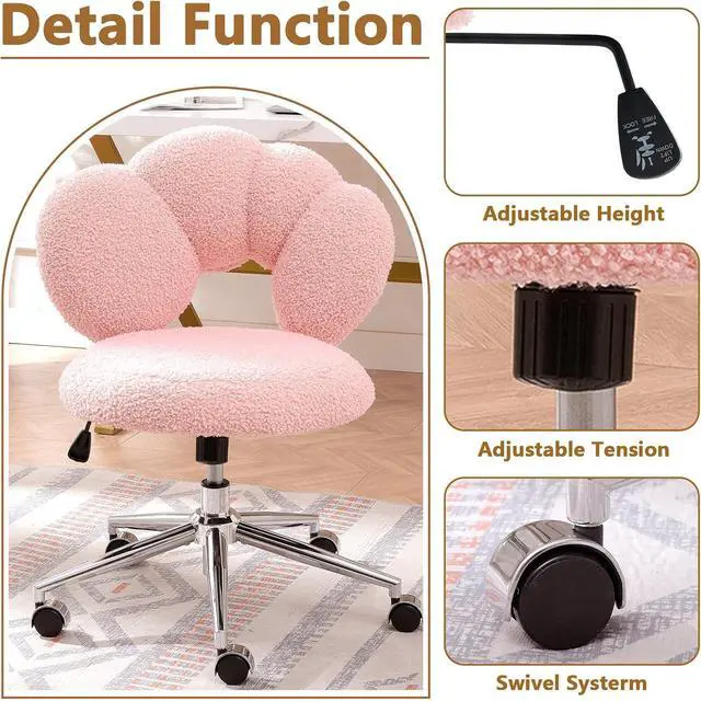 Alt view image 4 of 7 - Pink Cute Vanity Chairs with Backs & Wheels, Swivel Rolling Makeup Vanity Chair with Adjustable Height, Sherpa Desk Chair for Living Room Bedroom Makeup Room Office, Boucle (Pink)