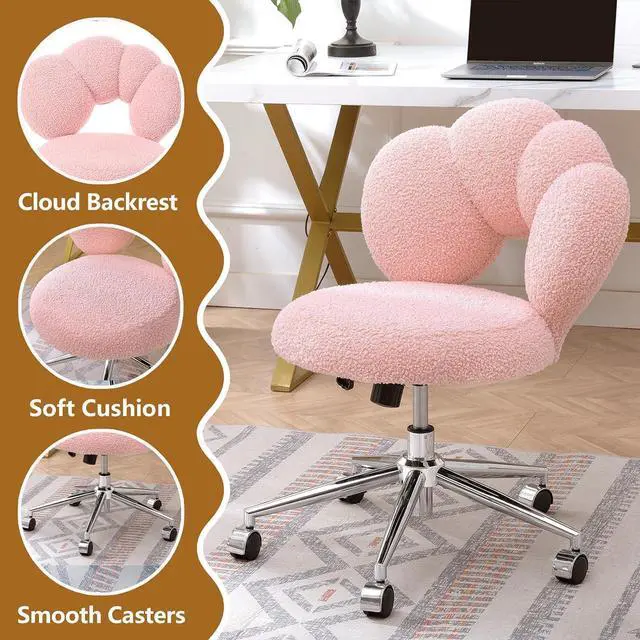 Alt view image 5 of 7 - Pink Cute Vanity Chairs with Backs & Wheels, Swivel Rolling Makeup Vanity Chair with Adjustable Height, Sherpa Desk Chair for Living Room Bedroom Makeup Room Office, Boucle (Pink)