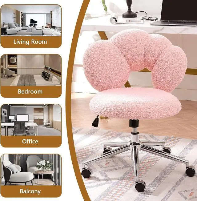 Alt view image 7 of 7 - Pink Cute Vanity Chairs with Backs & Wheels, Swivel Rolling Makeup Vanity Chair with Adjustable Height, Sherpa Desk Chair for Living Room Bedroom Makeup Room Office, Boucle (Pink)