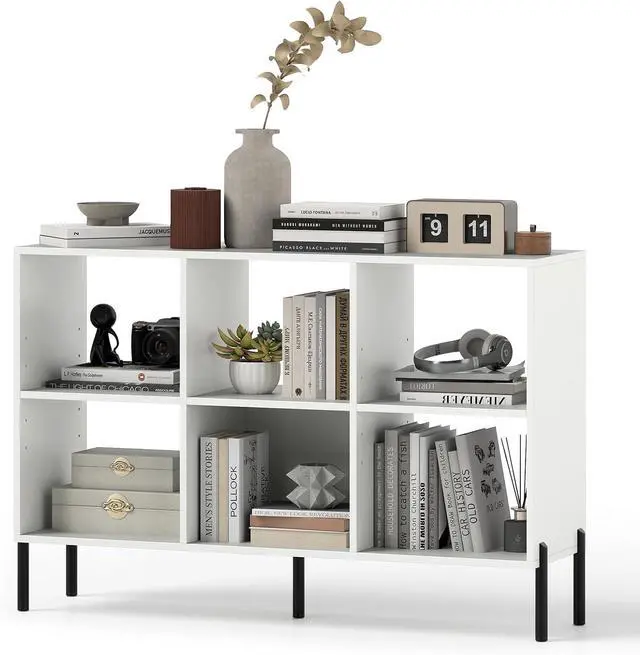 Main image of 6 Cube Bookcase, 47" Long Bookshelf with 5 Metal Legs, Adjustable Shelves, Wood Cubical Storage Shelf, 31.5" Tall Freestanding Open Shelf Bookcase for Home Office Kids Room (White)