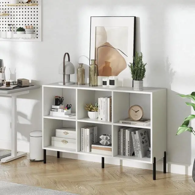 Alt view image 2 of 7 - 6 Cube Bookcase, 47" Long Bookshelf with 5 Metal Legs, Adjustable Shelves, Wood Cubical Storage Shelf, 31.5" Tall Freestanding Open Shelf Bookcase for Home Office Kids Room (White)