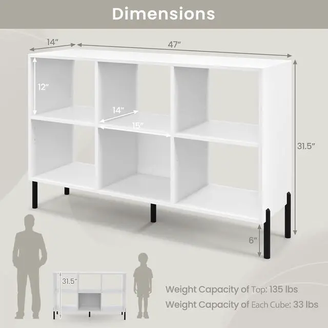 Alt view image 3 of 7 - 6 Cube Bookcase, 47" Long Bookshelf with 5 Metal Legs, Adjustable Shelves, Wood Cubical Storage Shelf, 31.5" Tall Freestanding Open Shelf Bookcase for Home Office Kids Room (White)