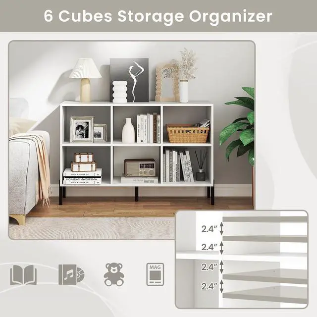 Alt view image 4 of 7 - 6 Cube Bookcase, 47" Long Bookshelf with 5 Metal Legs, Adjustable Shelves, Wood Cubical Storage Shelf, 31.5" Tall Freestanding Open Shelf Bookcase for Home Office Kids Room (White)