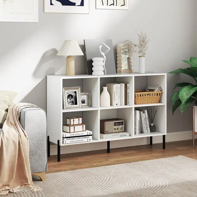 Alt view image 6 of 7 - 6 Cube Bookcase, 47" Long Bookshelf with 5 Metal Legs, Adjustable Shelves, Wood Cubical Storage Shelf, 31.5" Tall Freestanding Open Shelf Bookcase for Home Office Kids Room (White)