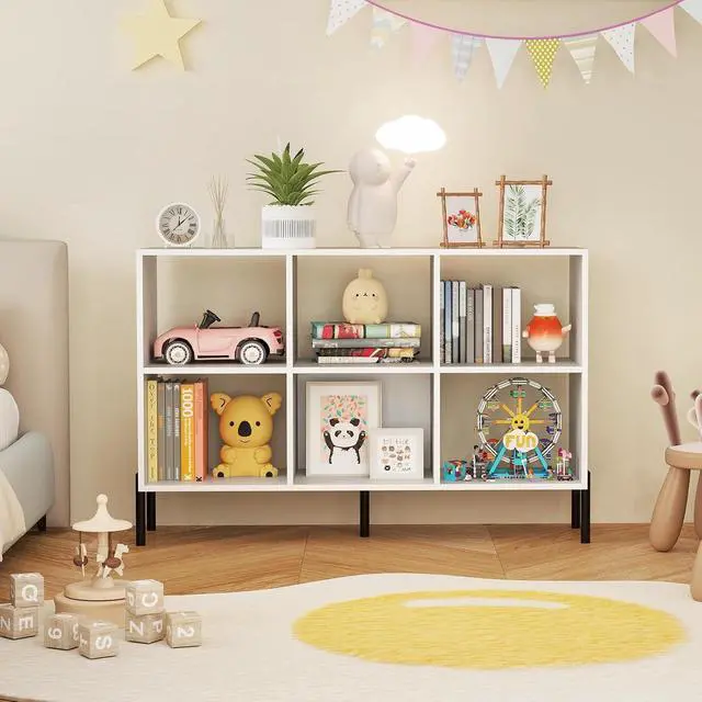 Alt view image 7 of 7 - 6 Cube Bookcase, 47" Long Bookshelf with 5 Metal Legs, Adjustable Shelves, Wood Cubical Storage Shelf, 31.5" Tall Freestanding Open Shelf Bookcase for Home Office Kids Room (White)