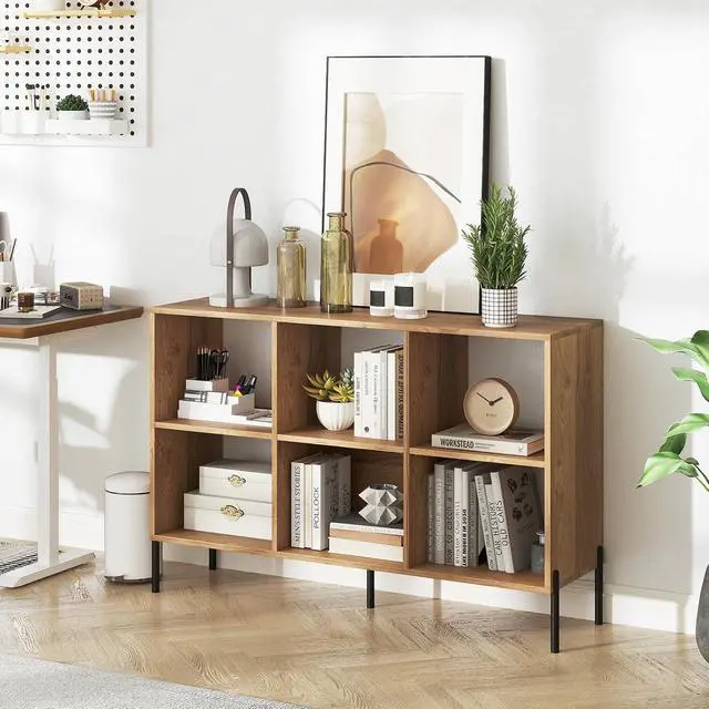 Alt view image 2 of 7 - 6 Cube Bookcase, 47" Long Bookshelf with 5 Metal Legs, Adjustable Shelves, Wood Cubical Storage Shelf, 31.5" Tall Freestanding Open Shelf Bookcase for Home Office Kids Room (Natural)