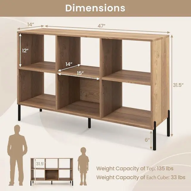 Alt view image 3 of 7 - 6 Cube Bookcase, 47" Long Bookshelf with 5 Metal Legs, Adjustable Shelves, Wood Cubical Storage Shelf, 31.5" Tall Freestanding Open Shelf Bookcase for Home Office Kids Room (Natural)