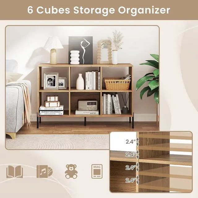Alt view image 4 of 7 - 6 Cube Bookcase, 47" Long Bookshelf with 5 Metal Legs, Adjustable Shelves, Wood Cubical Storage Shelf, 31.5" Tall Freestanding Open Shelf Bookcase for Home Office Kids Room (Natural)