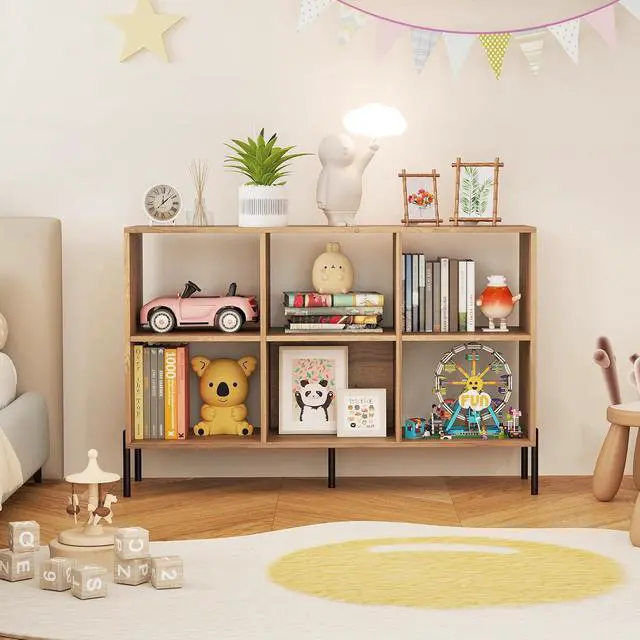 Alt view image 6 of 7 - 6 Cube Bookcase, 47" Long Bookshelf with 5 Metal Legs, Adjustable Shelves, Wood Cubical Storage Shelf, 31.5" Tall Freestanding Open Shelf Bookcase for Home Office Kids Room (Natural)