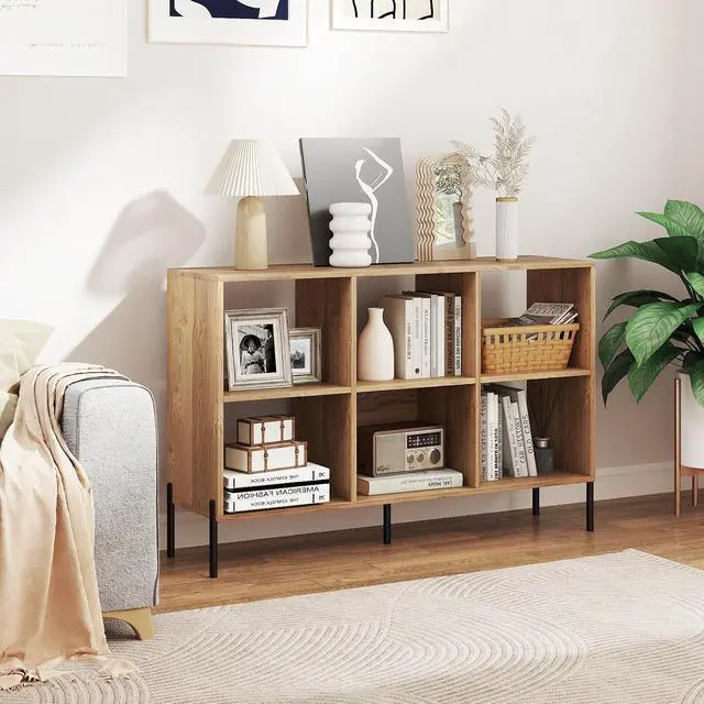 Alt view image 7 of 7 - 6 Cube Bookcase, 47" Long Bookshelf with 5 Metal Legs, Adjustable Shelves, Wood Cubical Storage Shelf, 31.5" Tall Freestanding Open Shelf Bookcase for Home Office Kids Room (Natural)