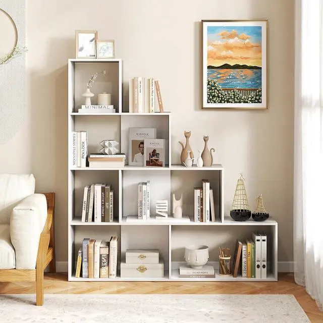 Alt view image 2 of 7 - 4-Tier Stepped Bookshelf, Freestanding 6 Cubes Ladder Bookcase with Anti-Tipping Kits, 64" Tall Modern Wooden Storage Display Rack for Home Office Living Room Study (1, White)
