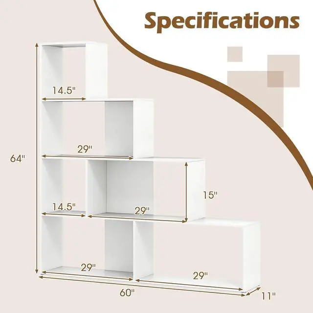 Alt view image 3 of 7 - 4-Tier Stepped Bookshelf, Freestanding 6 Cubes Ladder Bookcase with Anti-Tipping Kits, 64" Tall Modern Wooden Storage Display Rack for Home Office Living Room Study (1, White)