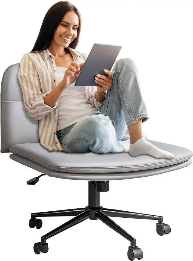 Main image of Big Comfy Seat Criss Cross Chair with Wheels Height Adjustable Armless Desk Chair Vanity Chair with High Back PU Leather (Gray)