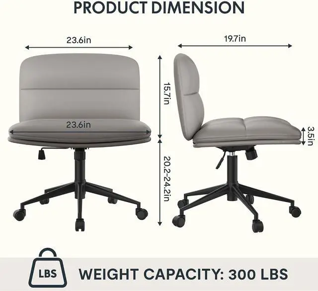 Alt view image 2 of 7 - Big Comfy Seat Criss Cross Chair with Wheels Height Adjustable Armless Desk Chair Vanity Chair with High Back PU Leather (Gray)
