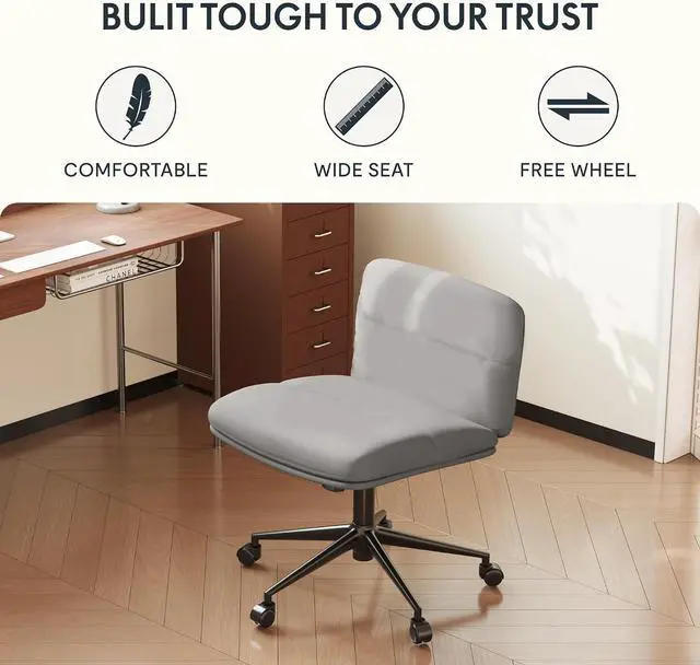 Alt view image 3 of 7 - Big Comfy Seat Criss Cross Chair with Wheels Height Adjustable Armless Desk Chair Vanity Chair with High Back PU Leather (Gray)