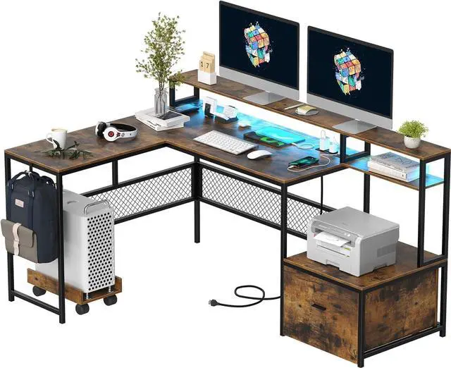 Main image of L Shaped Desk with Drawers, 66" Home Office Desk with Power Outlet and Led Strip, Reversible Computer Desk with Storage Shelves & Monitor Stand, Large Corner Desk Gaming Desk, Rustic Brown