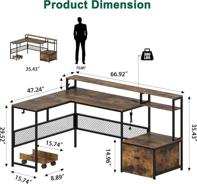 Alt view image 2 of 7 - L Shaped Desk with Drawers, 66" Home Office Desk with Power Outlet and Led Strip, Reversible Computer Desk with Storage Shelves & Monitor Stand, Large Corner Desk Gaming Desk, Rustic Brown