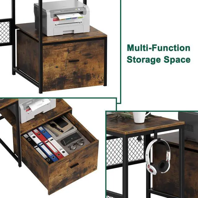 Alt view image 5 of 7 - L Shaped Desk with Drawers, 66" Home Office Desk with Power Outlet and Led Strip, Reversible Computer Desk with Storage Shelves & Monitor Stand, Large Corner Desk Gaming Desk, Rustic Brown