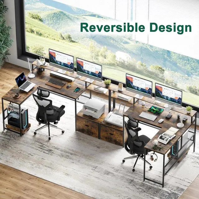Alt view image 6 of 7 - L Shaped Desk with Drawers, 66" Home Office Desk with Power Outlet and Led Strip, Reversible Computer Desk with Storage Shelves & Monitor Stand, Large Corner Desk Gaming Desk, Rustic Brown