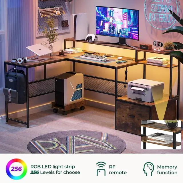Alt view image 7 of 7 - L Shaped Desk with Drawers, 66" Home Office Desk with Power Outlet and Led Strip, Reversible Computer Desk with Storage Shelves & Monitor Stand, Large Corner Desk Gaming Desk, Rustic Brown
