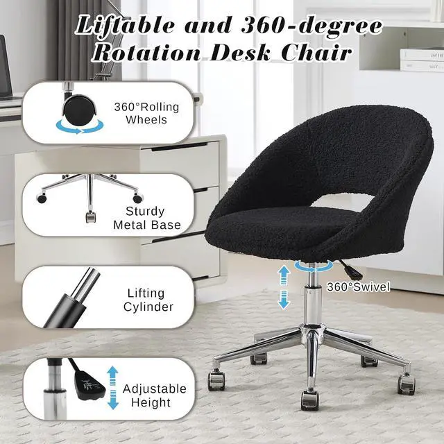 Alt view image 5 of 7 - Vanity Accent Chair, Modern Cute Desk Chairs with Wheels Adjustment Height Swivel Rolling Chair Upholstered Sherpa Gold Metal Base for Makeup Living Room Bedroom,Black