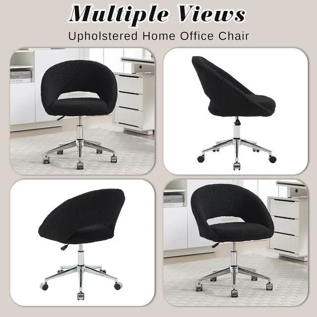 Alt view image 6 of 7 - Vanity Accent Chair, Modern Cute Desk Chairs with Wheels Adjustment Height Swivel Rolling Chair Upholstered Sherpa Gold Metal Base for Makeup Living Room Bedroom,Black