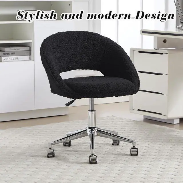 Alt view image 7 of 7 - Vanity Accent Chair, Modern Cute Desk Chairs with Wheels Adjustment Height Swivel Rolling Chair Upholstered Sherpa Gold Metal Base for Makeup Living Room Bedroom,Black