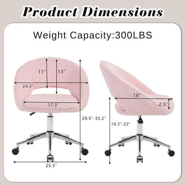 Alt view image 3 of 7 - Vanity Accent Chair, Modern Cute Desk Chairs with Wheels Adjustment Height Swivel Rolling Chair Upholstered Sherpa Gold Metal Base for Makeup Living Room Bedroom,Pink