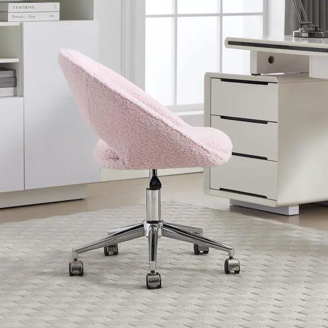 Alt view image 2 of 7 - Vanity Accent Chair, Modern Cute Desk Chairs with Wheels Adjustment Height Swivel Rolling Chair Upholstered Sherpa Gold Metal Base for Makeup Living Room Bedroom,Pink
