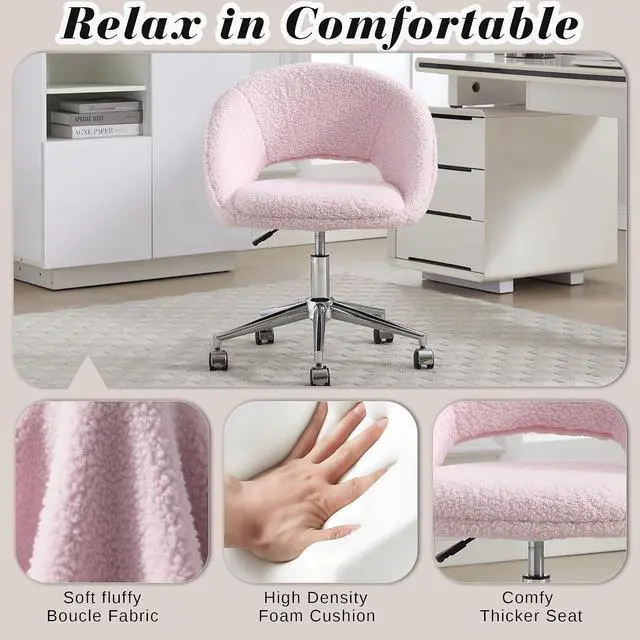 Alt view image 4 of 7 - Vanity Accent Chair, Modern Cute Desk Chairs with Wheels Adjustment Height Swivel Rolling Chair Upholstered Sherpa Gold Metal Base for Makeup Living Room Bedroom,Pink