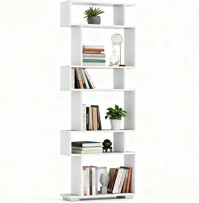 Main image of 6-Tier S Shaped Bookshelf, Geometric Bookcase with 2 Anti-Tipping Kits, Wooden Storage Shelving Unit, Freestanding Display Shelf for Living Room, Office, Bedroom White