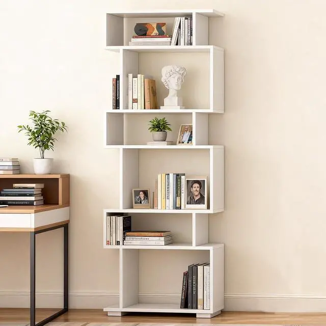Alt view image 2 of 7 - 6-Tier S Shaped Bookshelf, Geometric Bookcase with 2 Anti-Tipping Kits, Wooden Storage Shelving Unit, Freestanding Display Shelf for Living Room, Office, Bedroom White