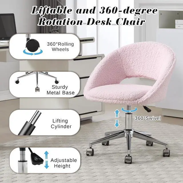 Alt view image 5 of 7 - Vanity Accent Chair, Modern Cute Desk Chairs with Wheels Adjustment Height Swivel Rolling Chair Upholstered Sherpa Gold Metal Base for Makeup Living Room Bedroom,Pink