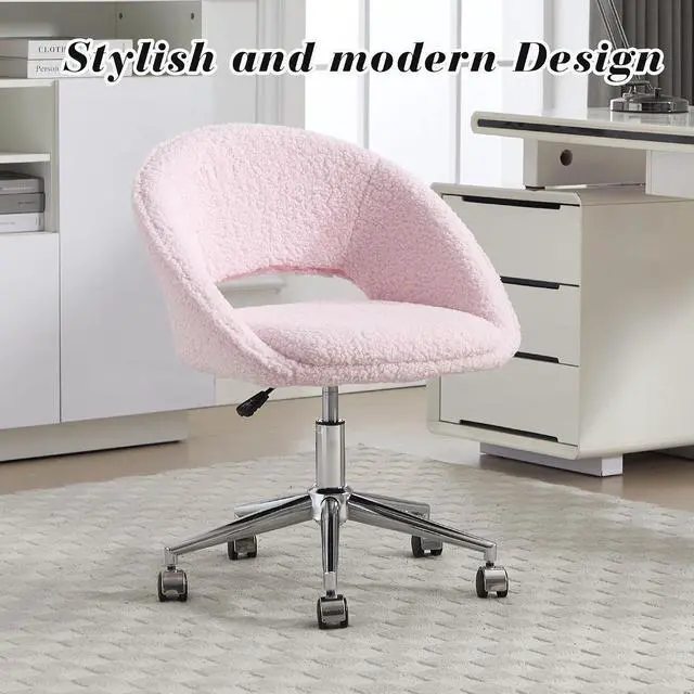 Alt view image 7 of 7 - Vanity Accent Chair, Modern Cute Desk Chairs with Wheels Adjustment Height Swivel Rolling Chair Upholstered Sherpa Gold Metal Base for Makeup Living Room Bedroom,Pink