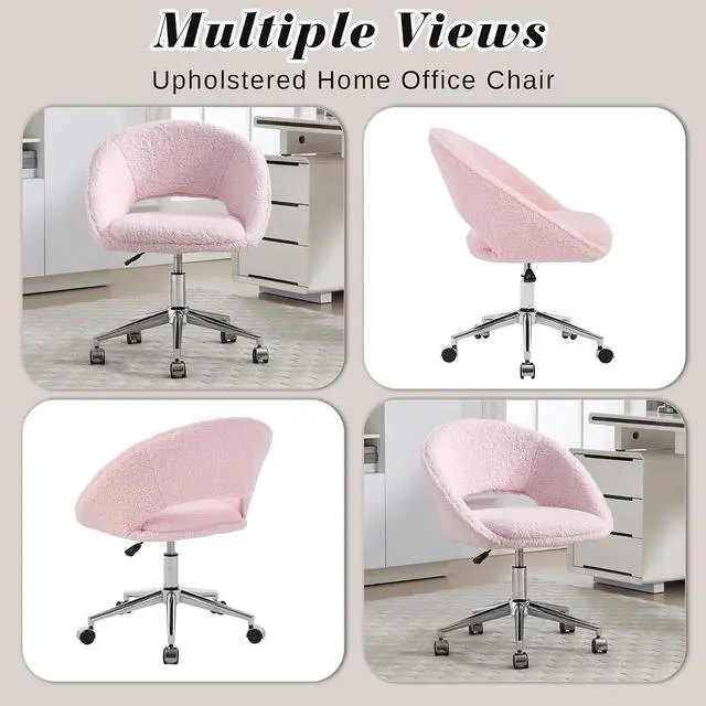 Alt view image 6 of 7 - Vanity Accent Chair, Modern Cute Desk Chairs with Wheels Adjustment Height Swivel Rolling Chair Upholstered Sherpa Gold Metal Base for Makeup Living Room Bedroom,Pink