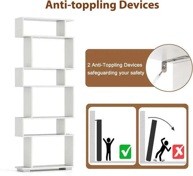 Alt view image 6 of 7 - 6-Tier S Shaped Bookshelf, Geometric Bookcase with 2 Anti-Tipping Kits, Wooden Storage Shelving Unit, Freestanding Display Shelf for Living Room, Office, Bedroom White